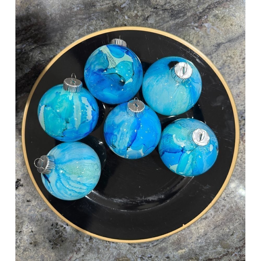 Handpainted Blue Christmas Ornaments Set of 3 Holiday Tree Decorations B - Picture 3 of 5